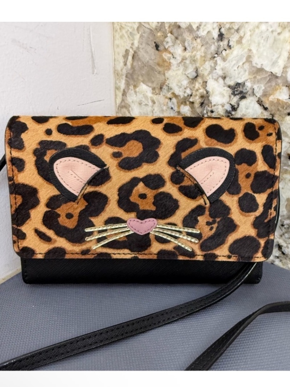 kate spade Leopard Cat Face Crossbody in Tan, Black, Pink like new